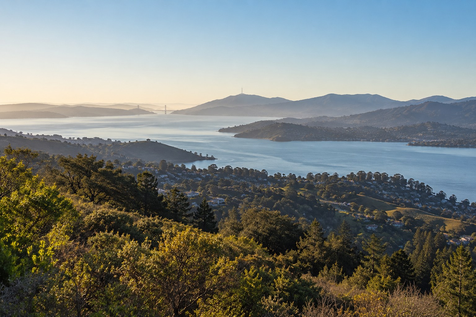 Hills, neighborhoods and bay viewed from an elevated overlook