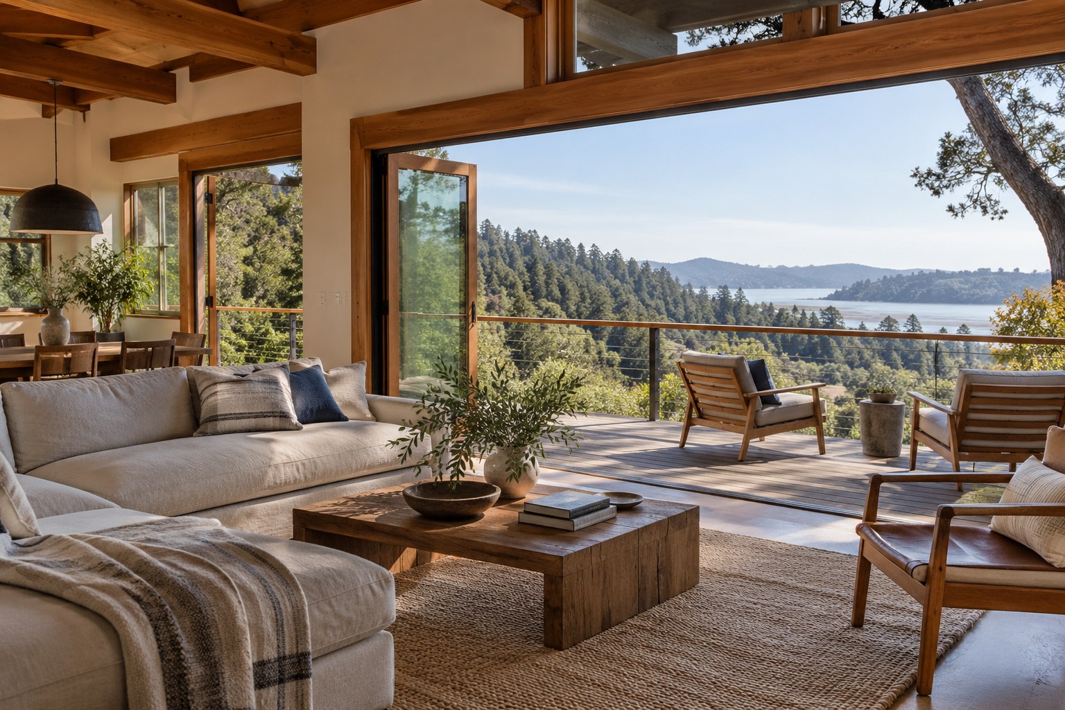 Warm home interior with large windows and a strong indoor-outdoor relationship
