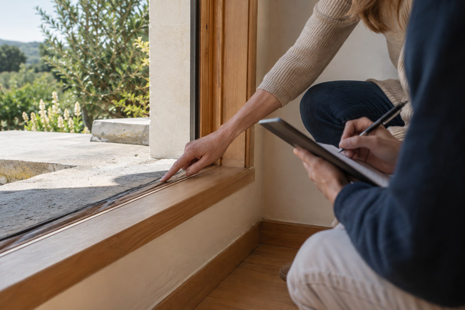 Close inspection of a worn threshold while property notes are recorded